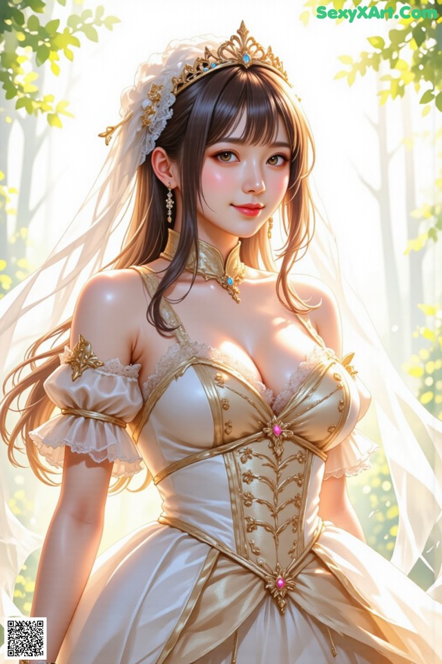 A woman in a wedding dress with a crown on her head.
