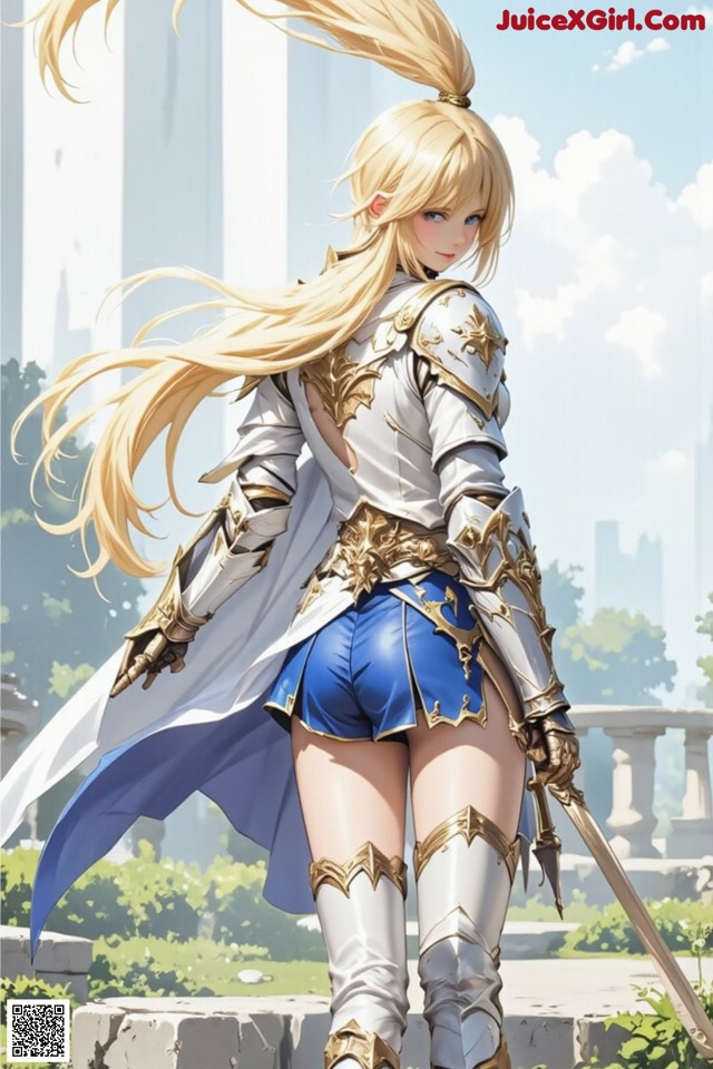 A woman in a white and blue outfit holding a sword.