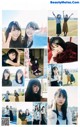 A collage of photos of a group of young women posing for a picture.