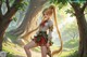 A girl with long blonde hair standing in a forest.